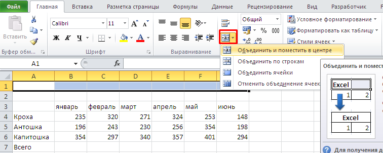 Как вставить в объединенные ячейки excel